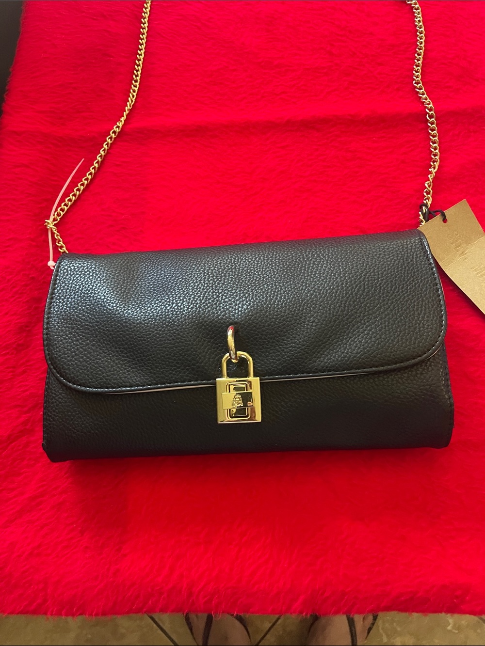 Steve Madden Black Pebbled Leather Crossbody with Gold Chain and Padlock